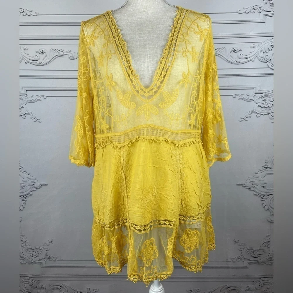 Bohemian Embroidered Floral Lace Sheer Mesh Top Swimsuit Coverup - Picture 6 of 9
